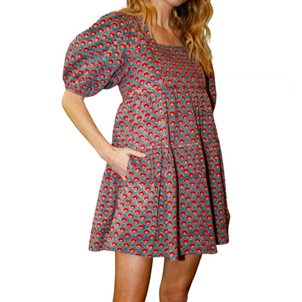 Anna Cate Smocked Block Print Floral Harper Dress Pink‎ Size Small